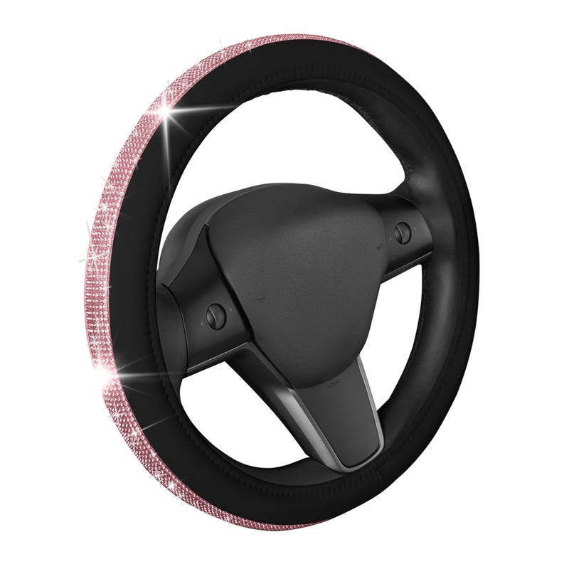 Carbella Leatherette Crystal Bling Steering Wheel Cover for Car SUV, Glitter Sparkle Rhinestone Cute Car Accessories for Women Universal Fit Standard Size (Fits 14.5"-15") - Black w/Pink Bling - Image 1